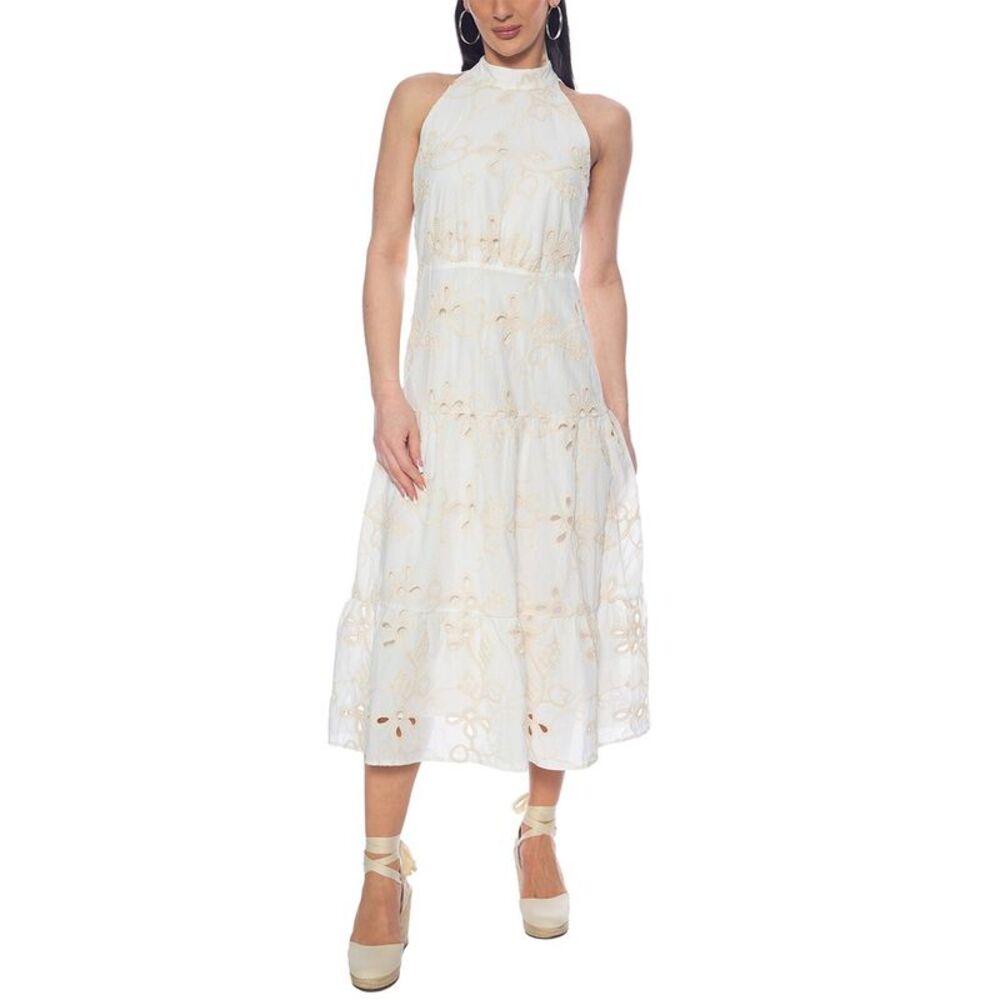 Tash + Sophie Womens  Embellished Halter Mock Neck Midi Dress, White